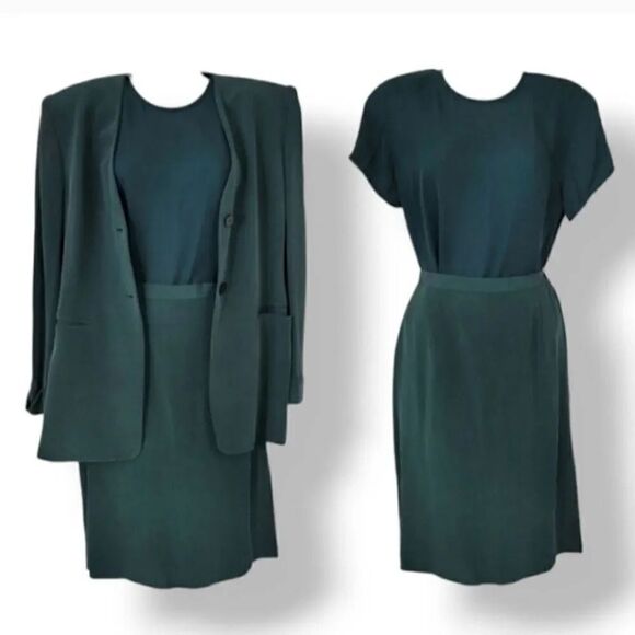 NEW Vintage Y2K 3 PC Jones New York Monochrome 100% Silk Skirt Suit Niagara Teal - Picture 2 of 16